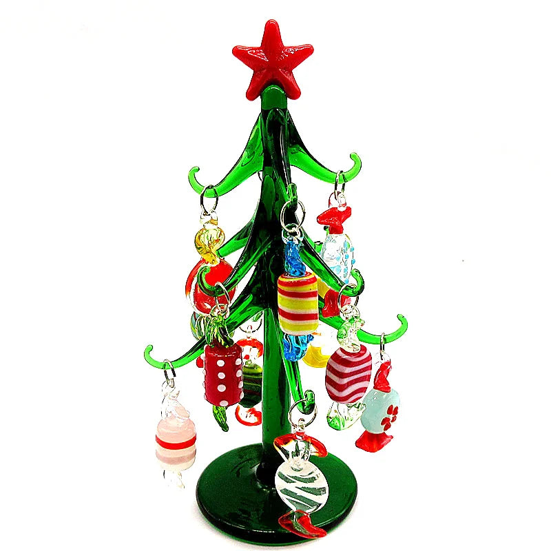 Sapin en verre de Murano avec 12 mini pendentifs (14 cm)