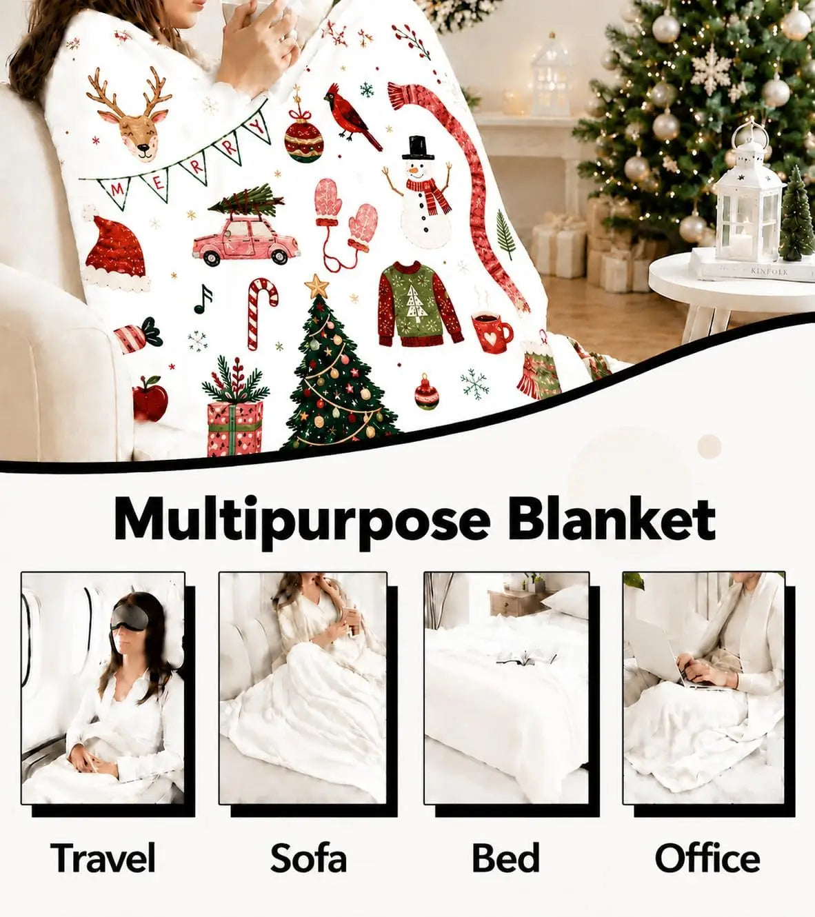 Plaid de Noël en flanelle – Sapin & coin du feu