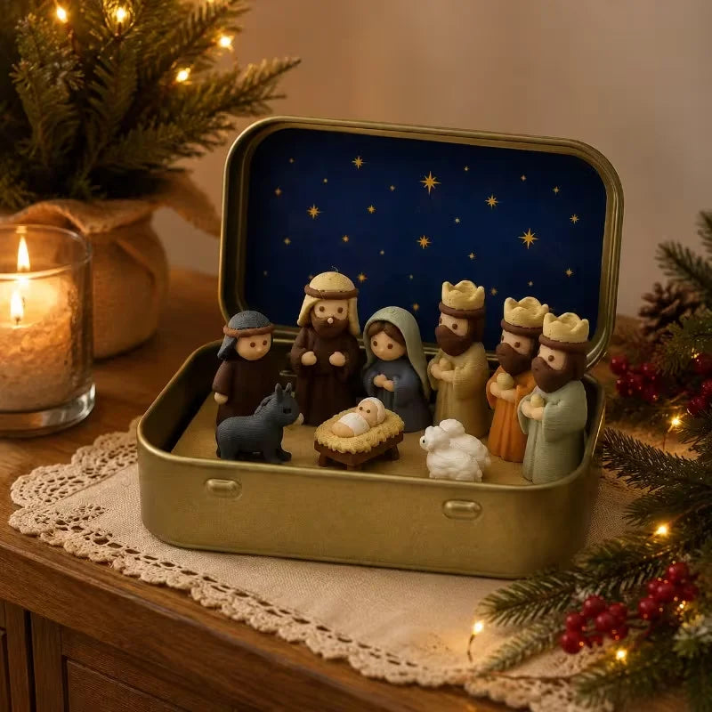 Mini crèche de Noël dans sa boîte en métal