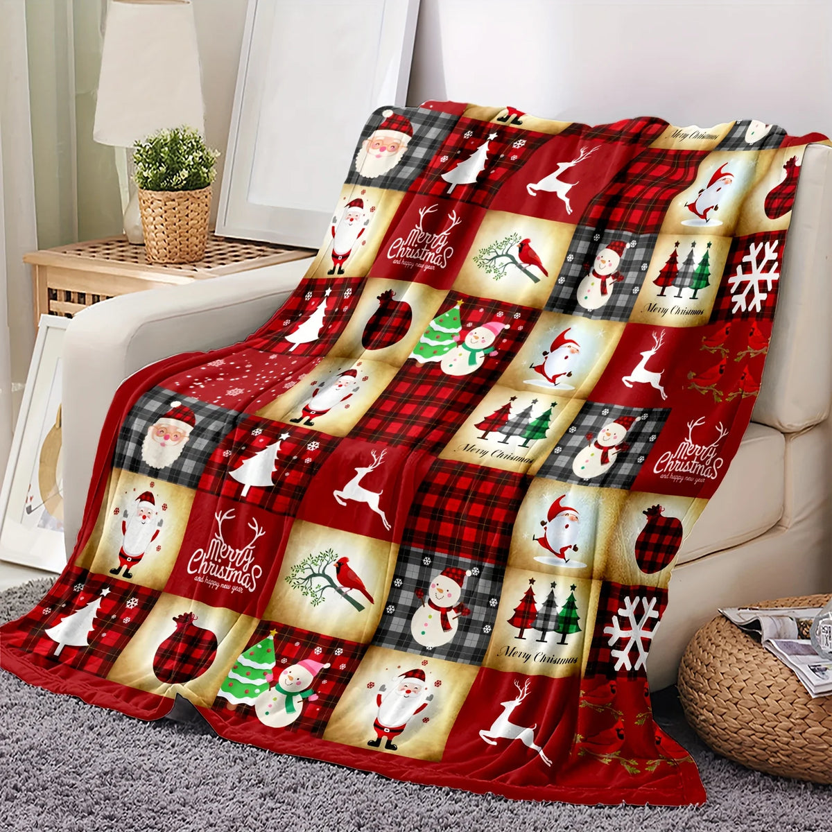 Plaid de Noël Père Noël, bonhomme de neige & renne – Flanelle