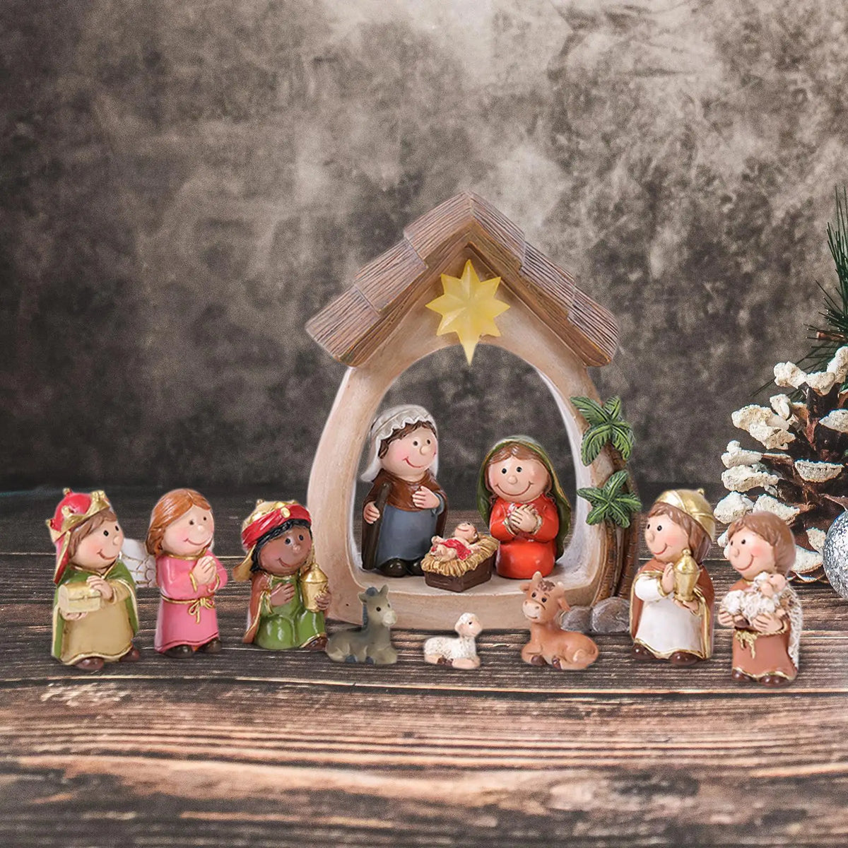 Crèche de Noël 12 santons et étable lumineuse