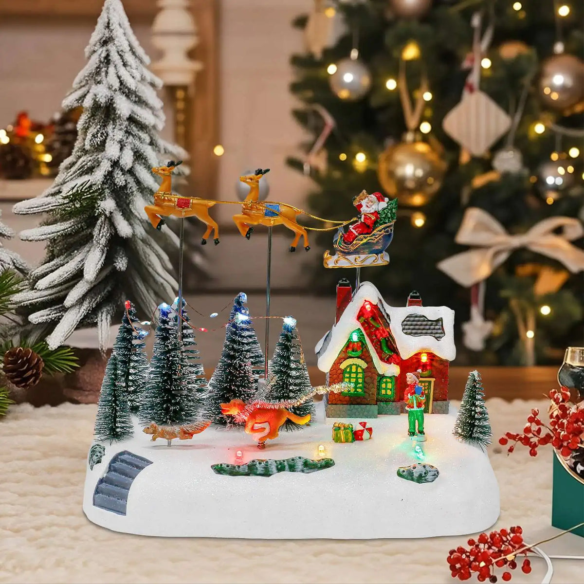 Village animé « Traîneau du Père Noël » musical et lumineux