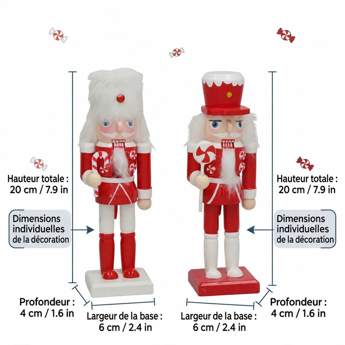 Casse-noisette en bois rouge et blanc sucre d'orge (20 cm)
