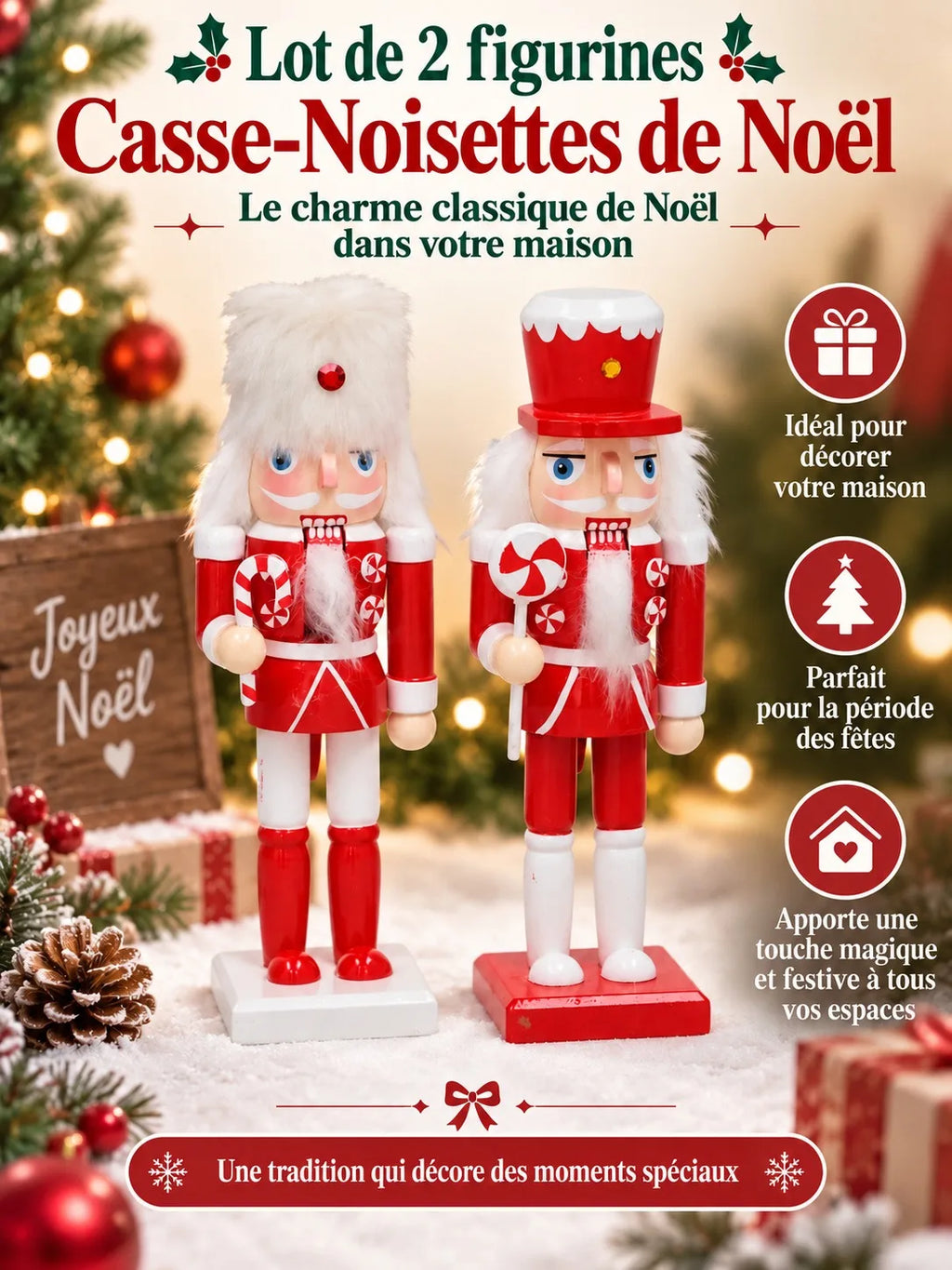 Casse-noisette en bois rouge et blanc sucre d'orge (20 cm)