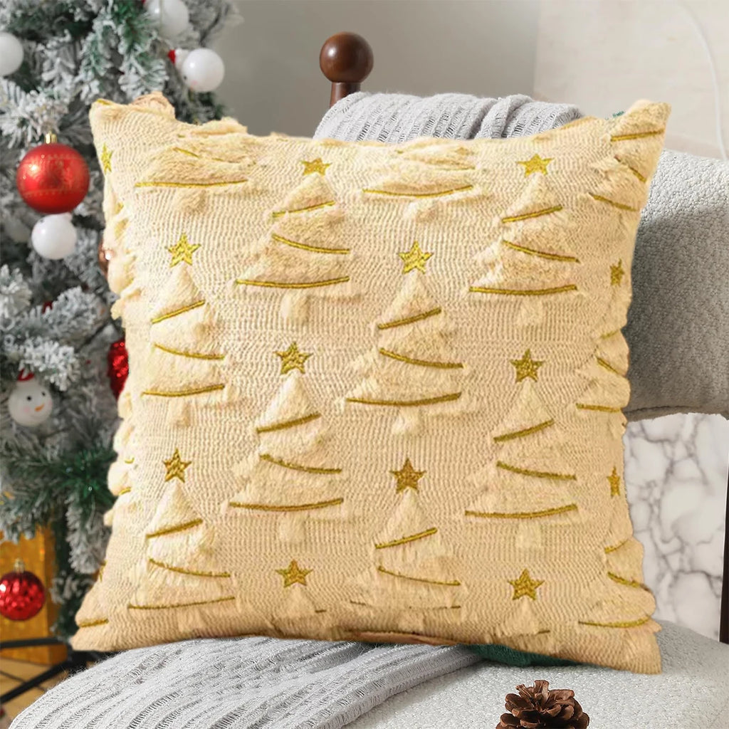 Housse de coussin Sapin en peluche – Étoiles dorées