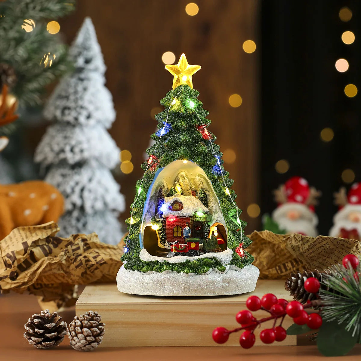Scène de Noël lumineuse et tournante en résine (17 modèles)