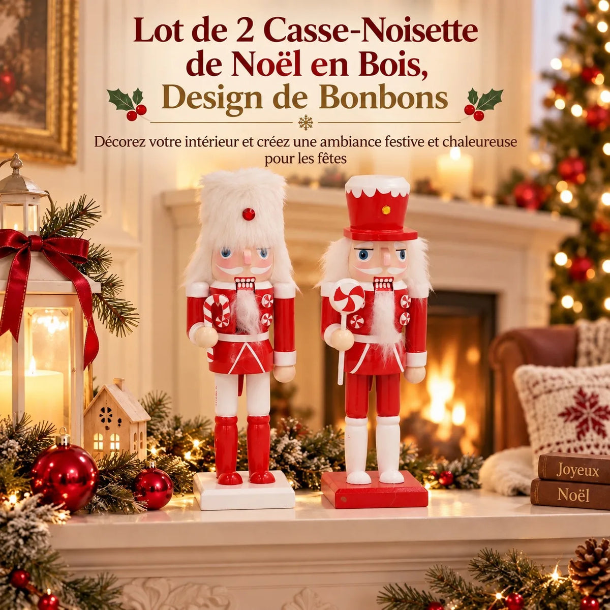 Casse-noisette en bois rouge et blanc sucre d'orge (20 cm)