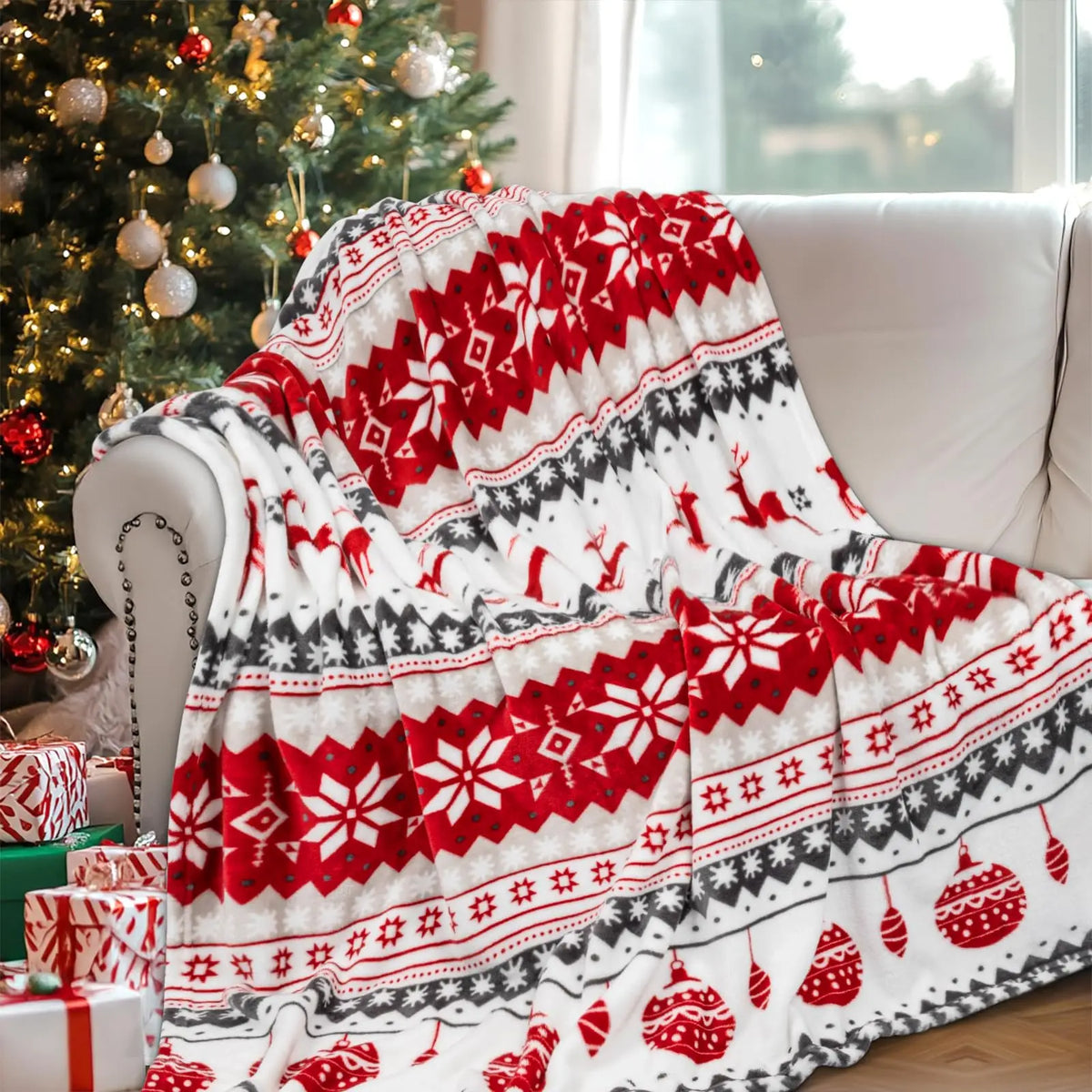 Plaid de Noël Rennes & Flocons – Polaire flanelle