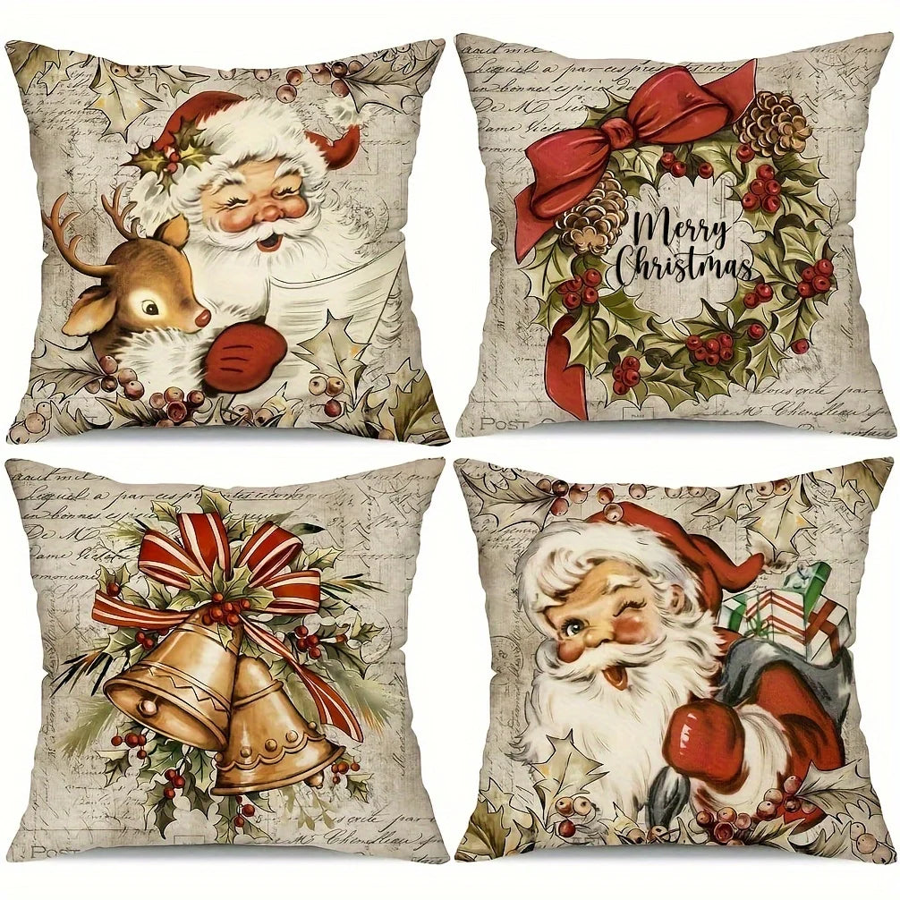 Lot de 4 housses de coussin Père Noël vintage