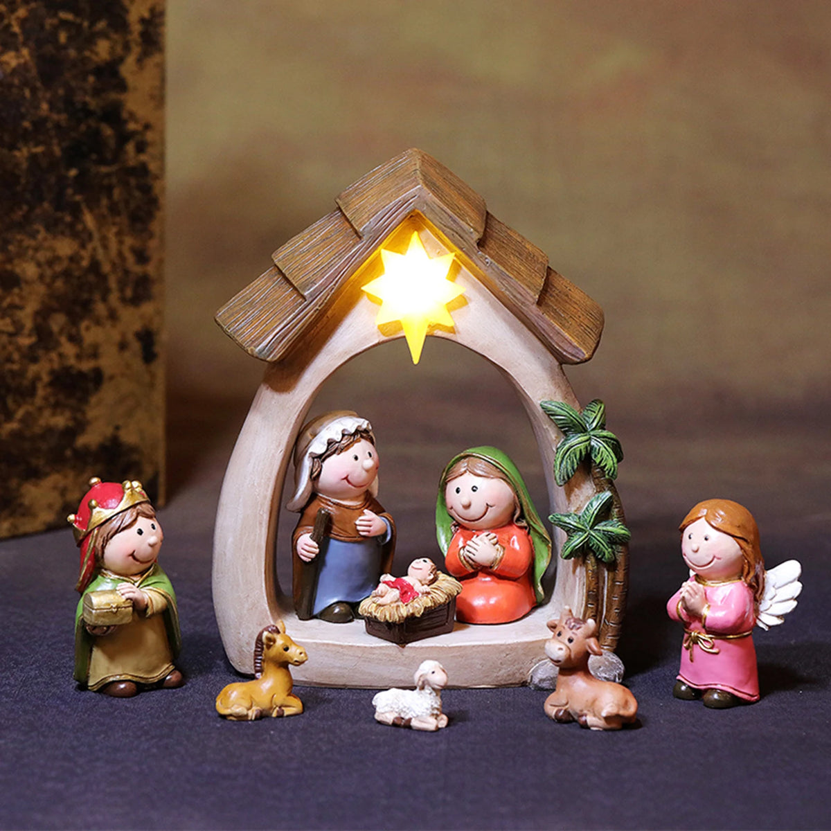 Crèche de Noël 12 santons et étable lumineuse