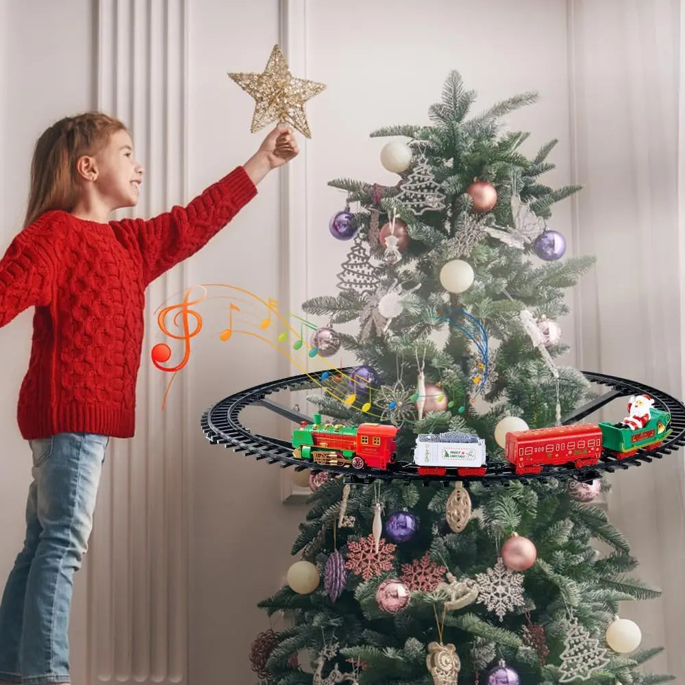 Petit train de Noël suspendu au sapin, lumineux et sonore