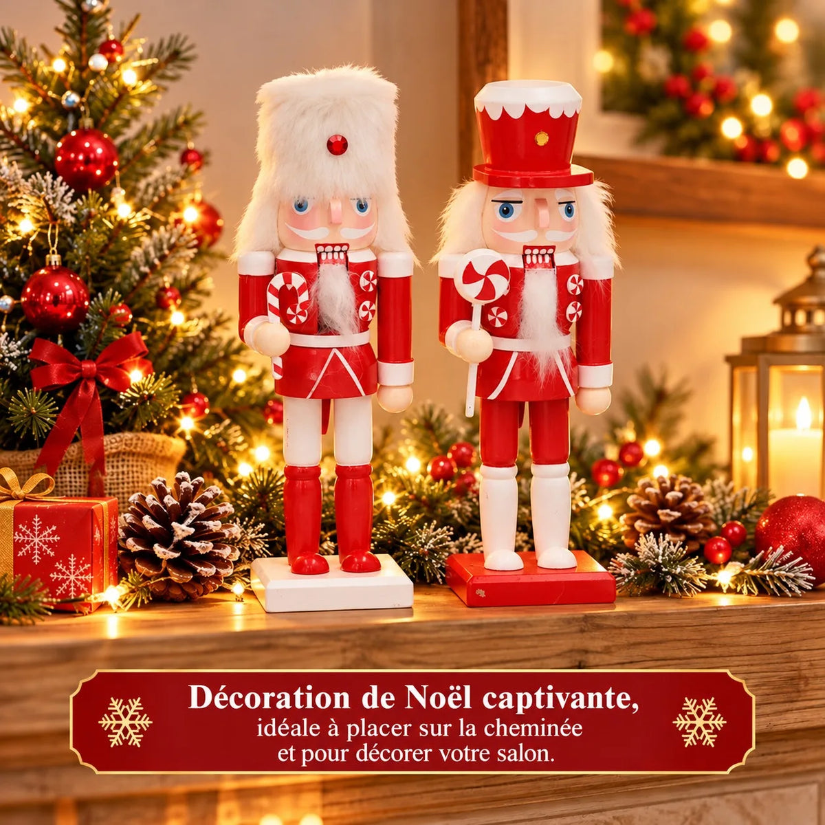 Casse-noisette en bois rouge et blanc sucre d'orge (20 cm)