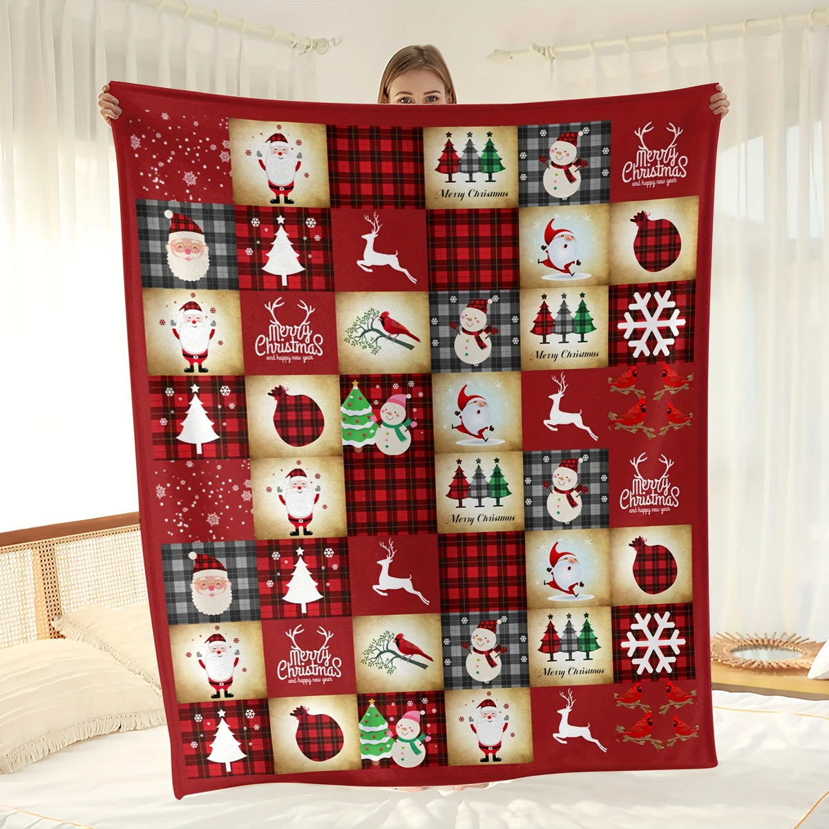 Plaid de Noël Père Noël, bonhomme de neige & renne – Flanelle