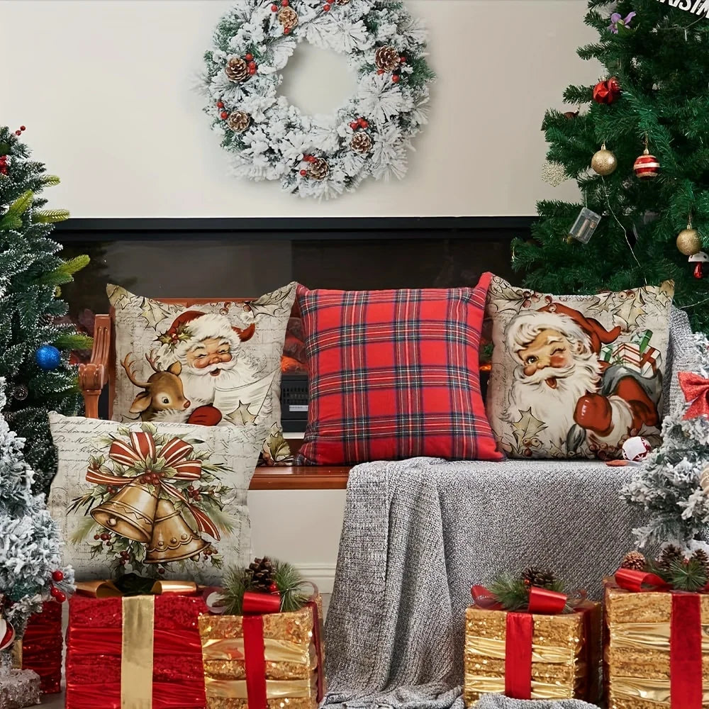 Lot de 4 housses de coussin Père Noël vintage