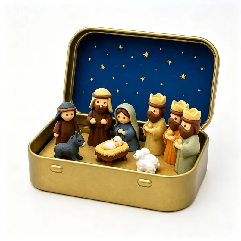 Mini crèche de Noël dans sa boîte en métal