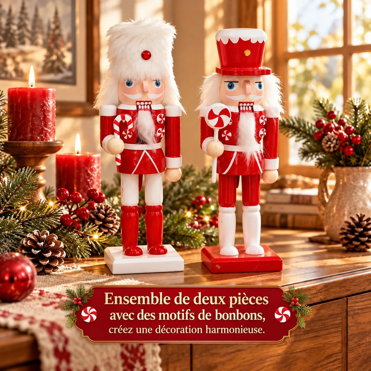 Casse-noisette en bois rouge et blanc sucre d'orge (20 cm)