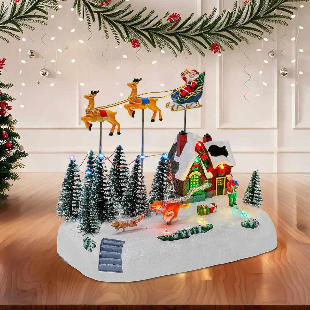 Village animé « Traîneau du Père Noël » musical et lumineux