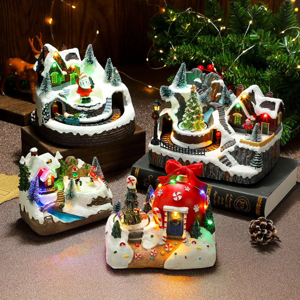 Scène de Noël lumineuse et tournante en résine (17 modèles)