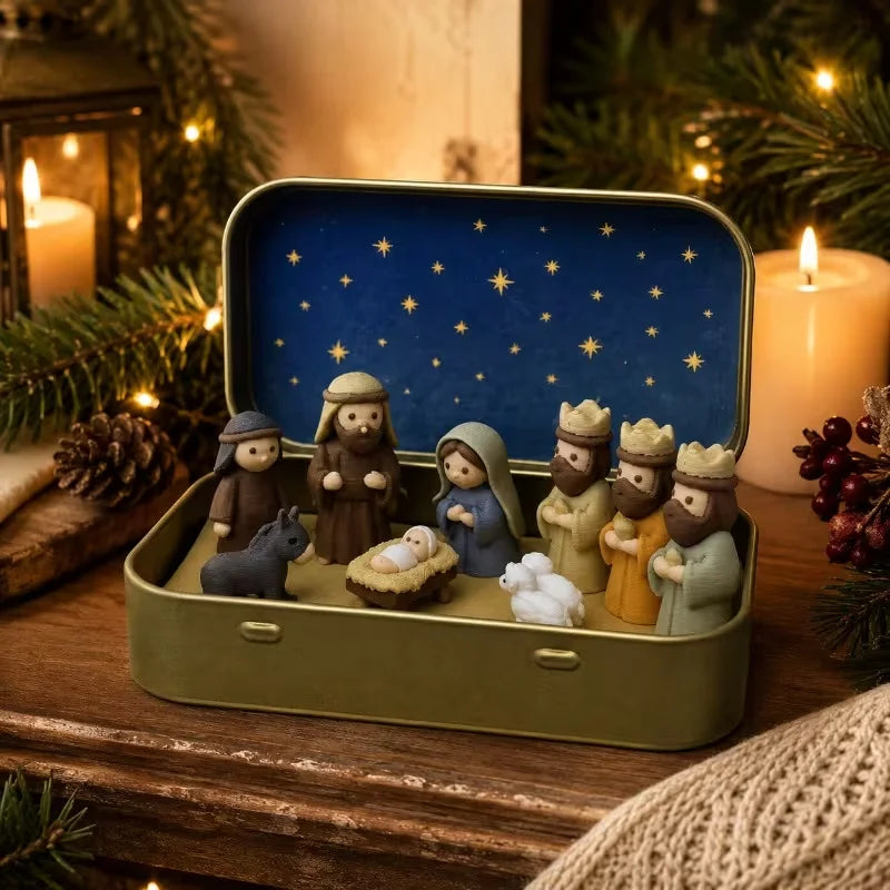 Mini crèche de Noël dans sa boîte en métal