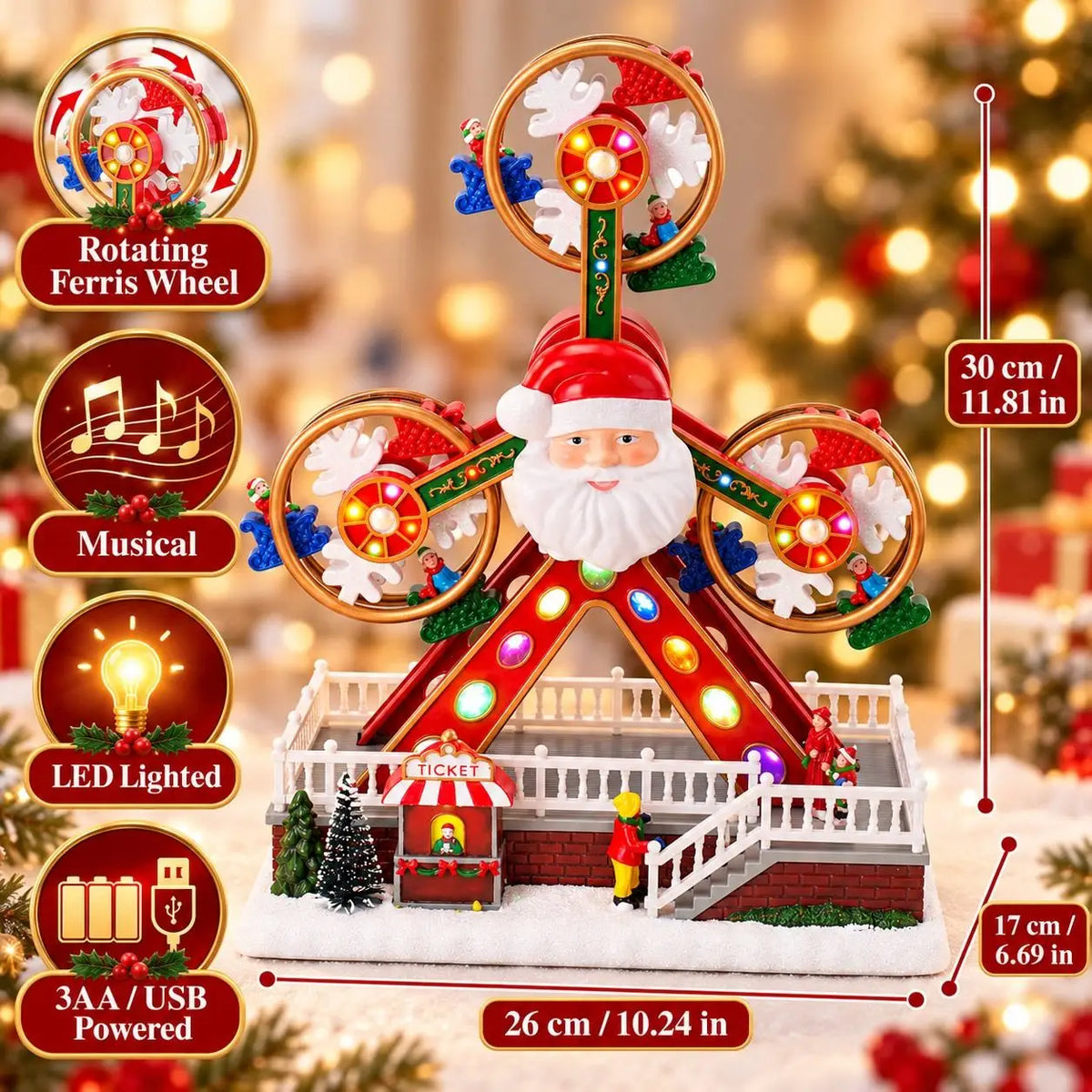 Grande roue de Noël animée, musicale et lumineuse