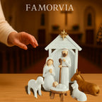 Grande crèche de Noël blanche – 7 santons en résine