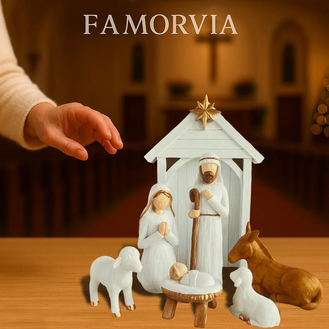 Grande crèche de Noël blanche – 7 santons en résine